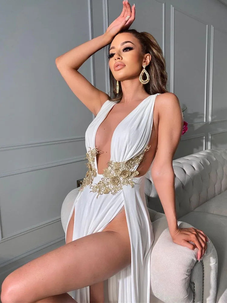 Serena Embellished Deep V Maxi Dress