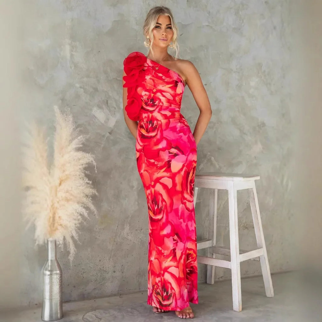 Valentina One-Shoulder Floral Evening Dress