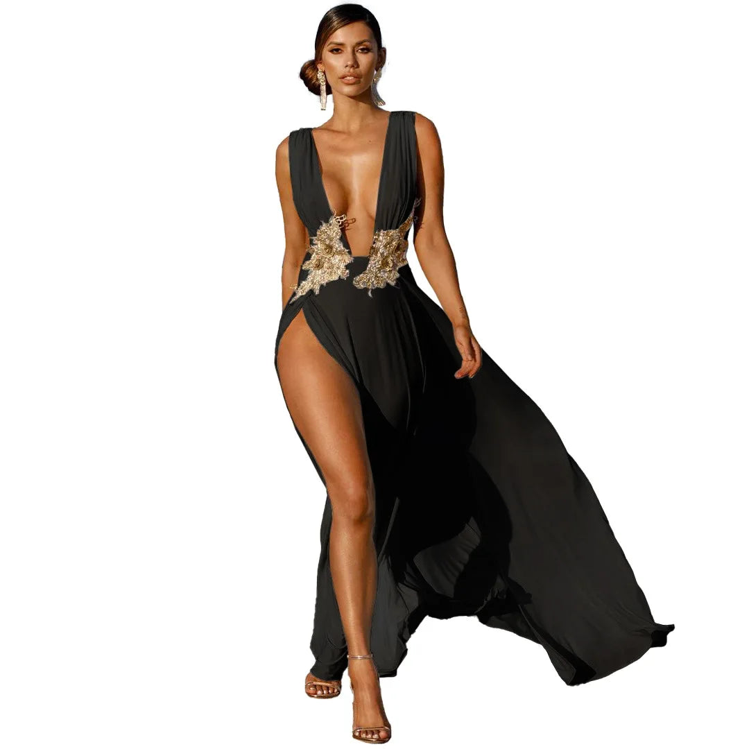 Serena Embellished Deep V Maxi Dress