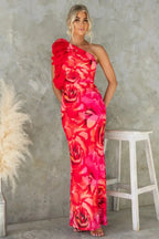 Valentina One-Shoulder Floral Evening Dress