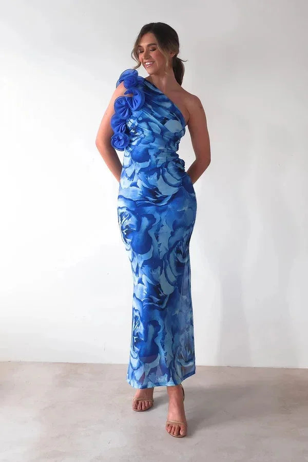 Valentina One-Shoulder Floral Evening Dress
